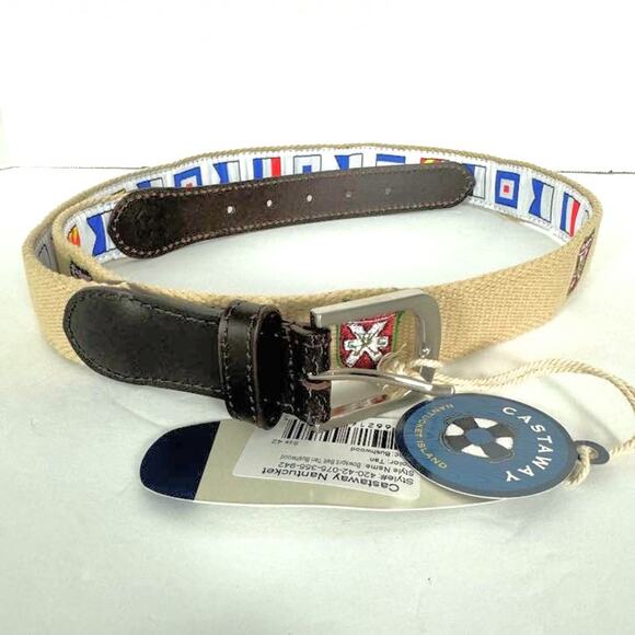NWT- Castaway Nantucket Men's Bowsprit Belt Embroidered Bushwood Tan SZ 42 - Picture 3 of 8